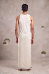 Men Off-White Cotton Dhoti with Silver Zari Border (2 Metre Single Veshti)