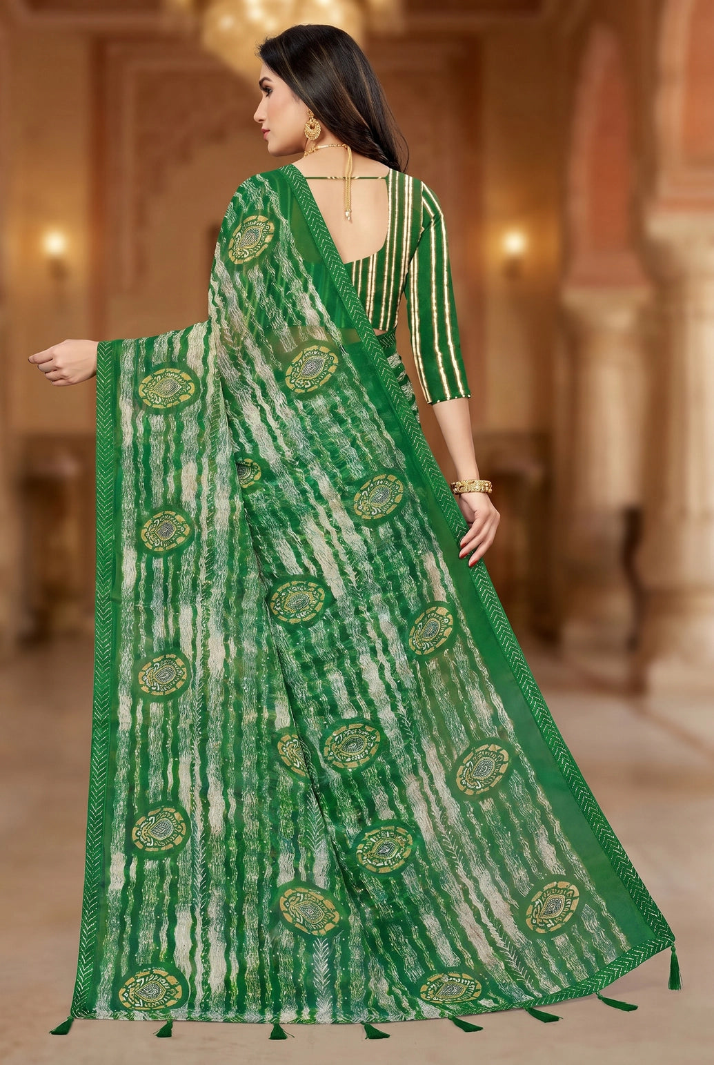 Green Georgette Saree with Contrast Border, Jasmin Zomato Print and Striped Floral Motifs