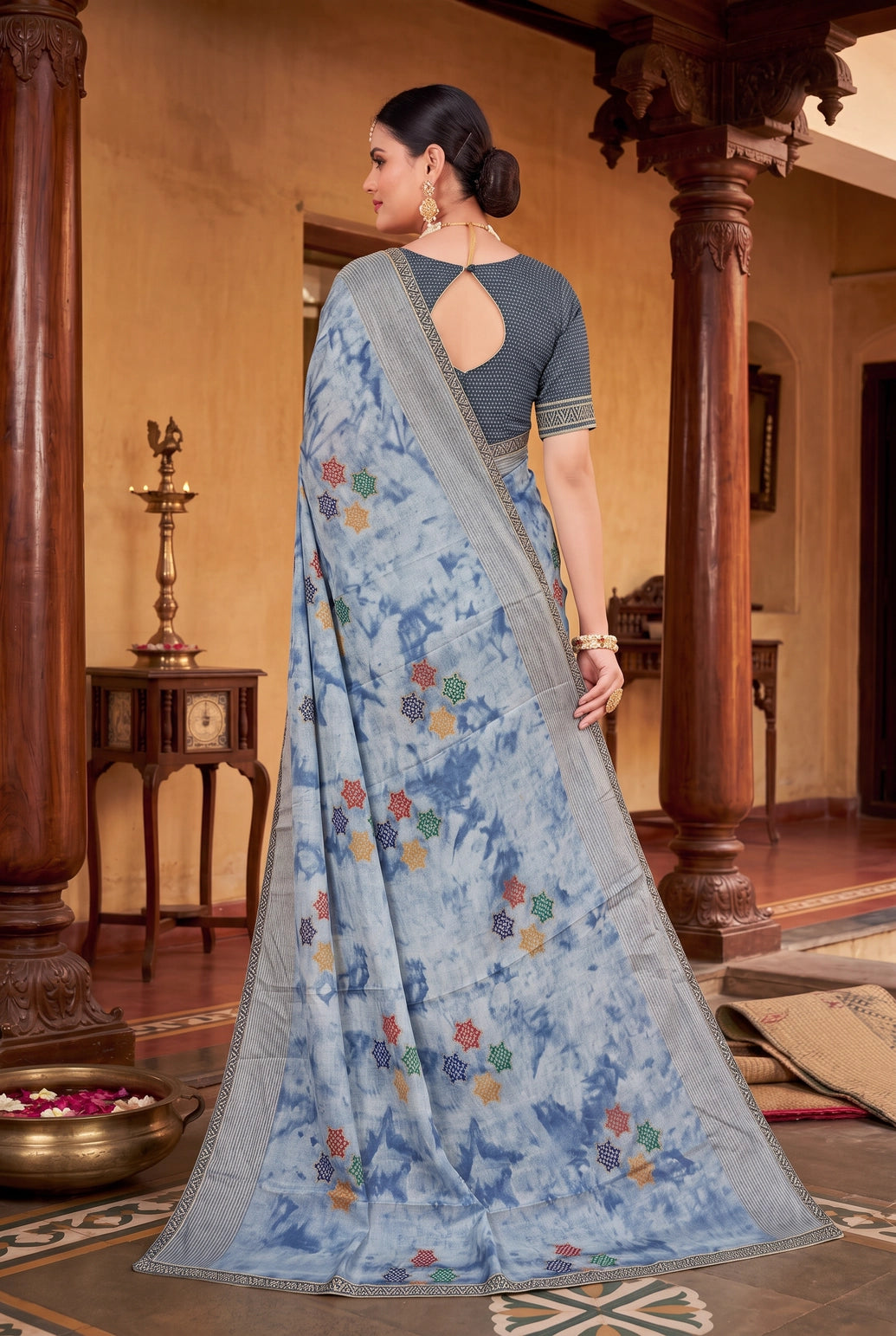 Navy Blue Chiffon Fancy Tie-Dye Saree with Star Motifs and Shimmer Striped Border with Blouse