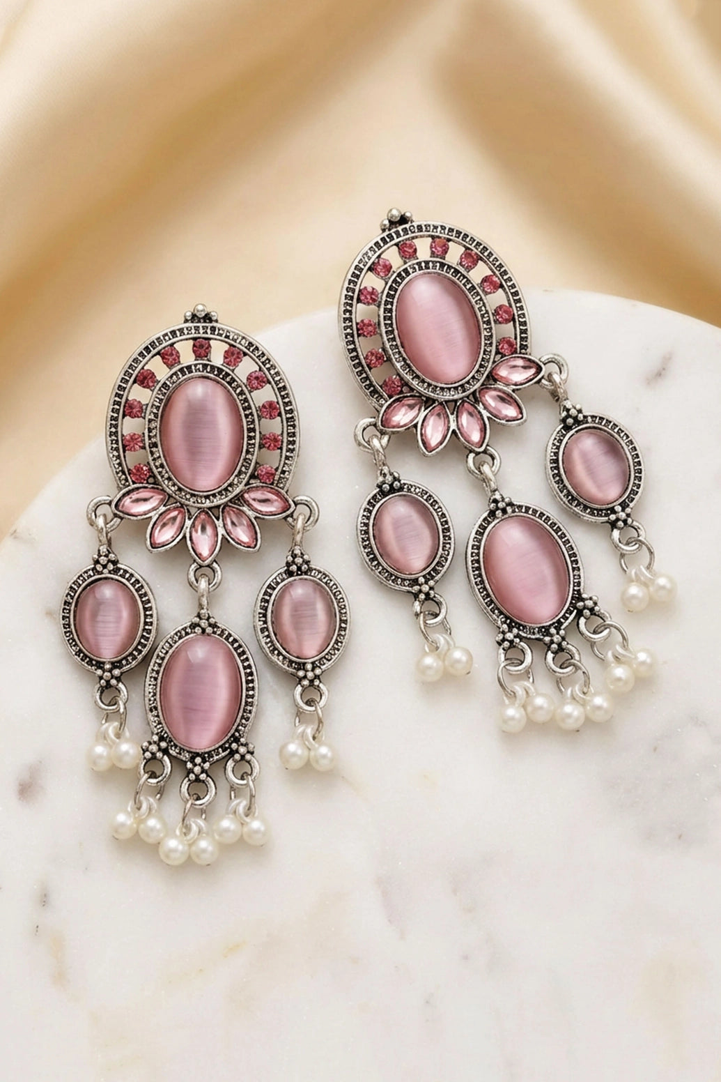 Light Pink Oval Stone Oxidized Silver-Tone Fashion Earrings with Pearl Bead Drops for Women
