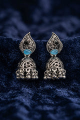 Sea Blue Oxidized Silver-Tone Leaf Jhumka Earrings with Carved Dome & Ghungroo Beads for Women