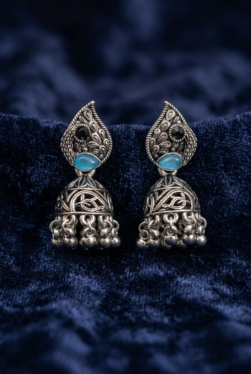 Sea Blue Oxidized Silver-Tone Leaf Jhumka Earrings with Carved Dome & Ghungroo Beads for Women
