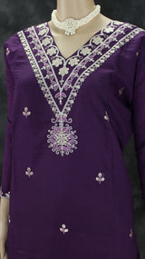 Dark Purple Roman Silk Kurti Pant Set with Sequins & Zari Work, V-Neck & Organza Dupatta