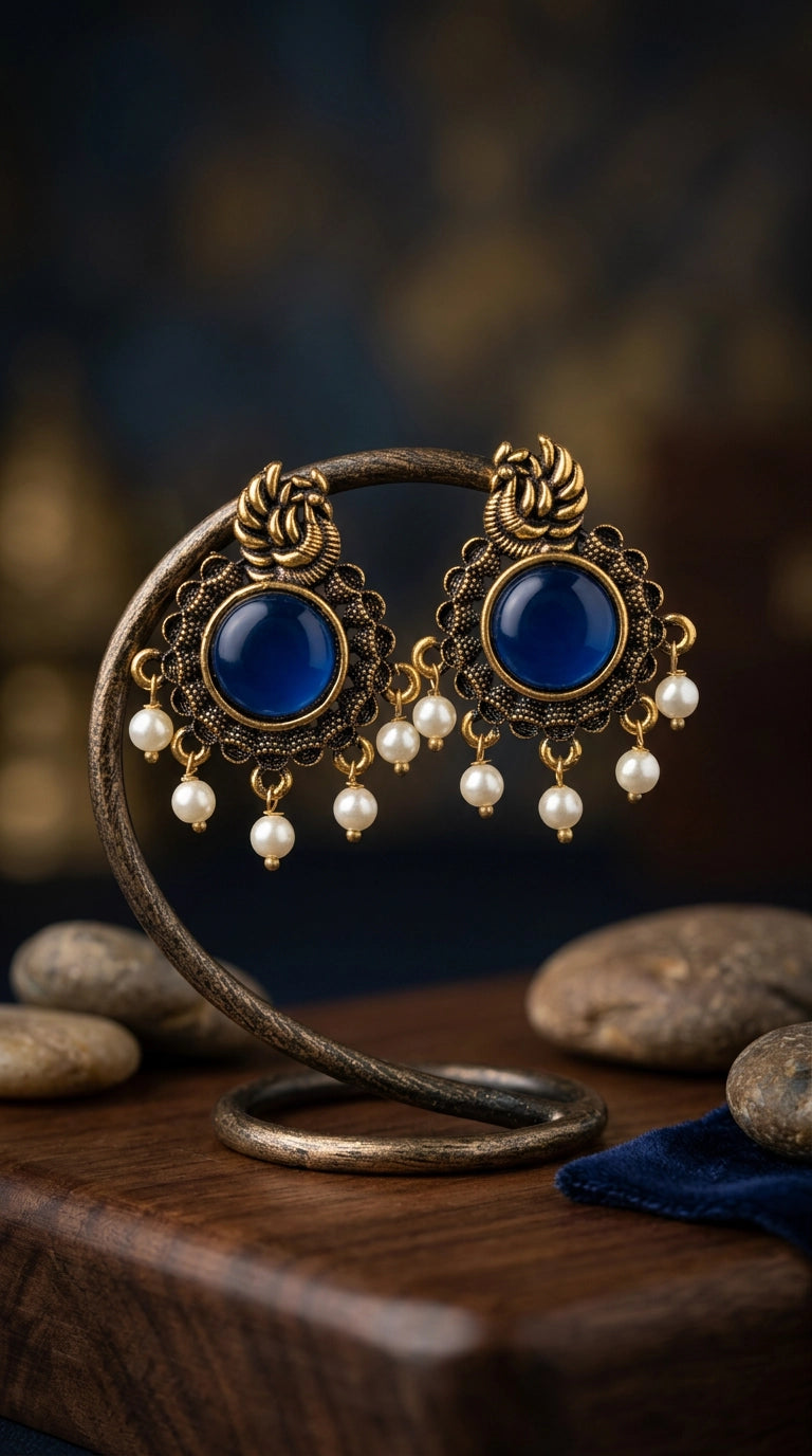 Navy Blue Stone & Pearl Drop Antique Gold-Tone Statement Earrings for Women | 1.5 inch