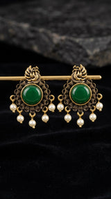 Green Antique Gold-Tone Statement Earrings with Round Stone & Pearl Drops for Traditional Wear