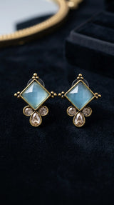 Sea Blue Square Stone Stud Earrings with Gold-Tone Frame and Crystal Drop Accents