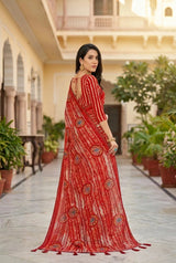 Orange Georgette Saree with Striped Motifs and Contrast Border | Full Siroski Work Printed Ethnic Wear