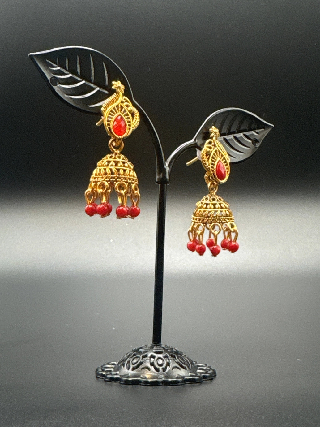 Antique Leaf-Design Jhumka Earrings for Women — Gold-Tone Traditional Jhumkas with Colour Bead Drops Jewelry JCS Fashions