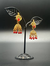 Antique Leaf-Design Jhumka Earrings for Women — Gold-Tone Traditional Jhumkas with Colour Bead Drops Jewelry JCS Fashions