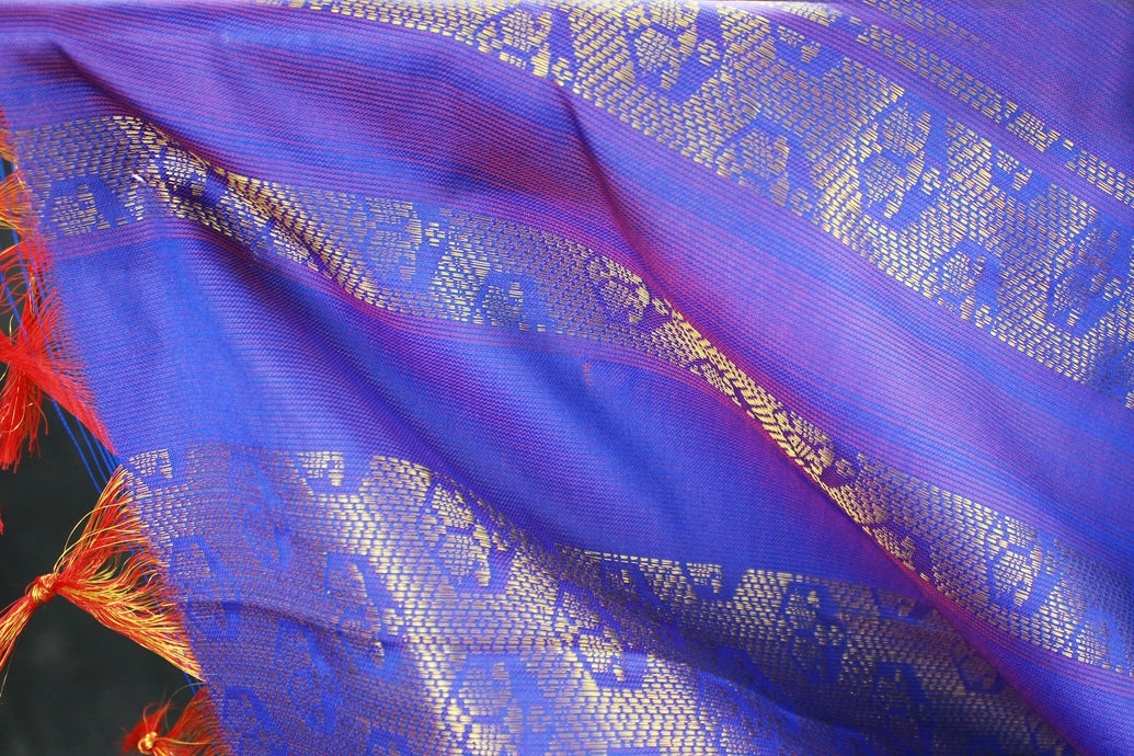 Violet Ponnadai Poly Silk Jacquard Temple Shawl with Zari Pattern and Tassels for Pooja Weddings Functions