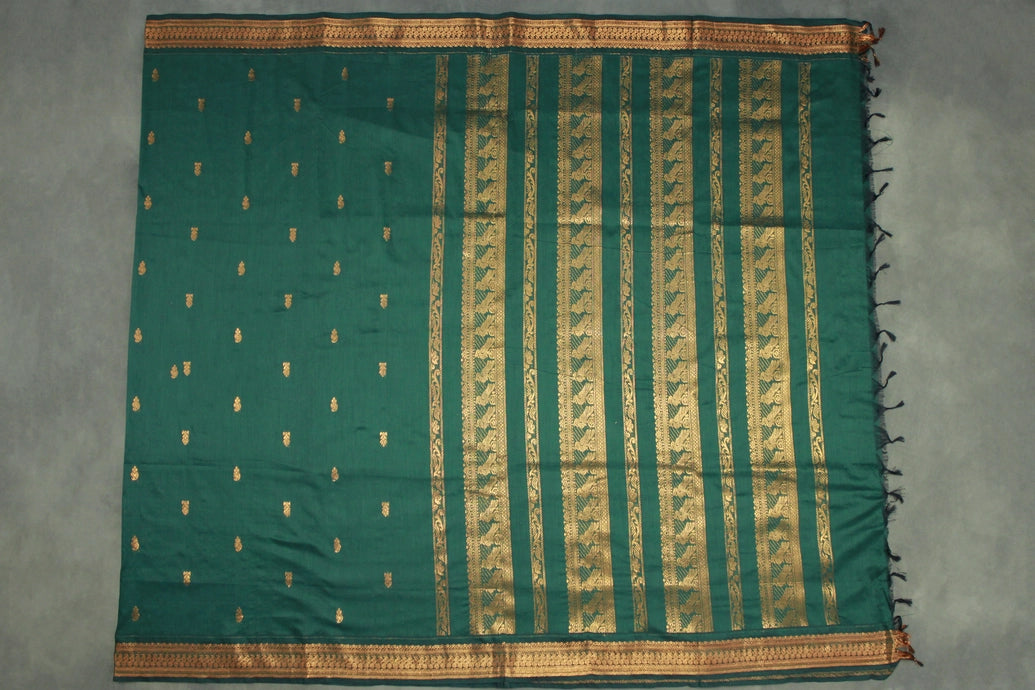 Green Kalyani Cotton Saree with Putta Design and Zari Border, Includes Blouse