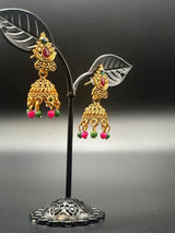 Antique-Look Lotus Jhumka Earrings for Women - Gold-Tone Traditional Jhumki with Pink & Green Beads, 1.5 inch Jewelry JCS Fashions