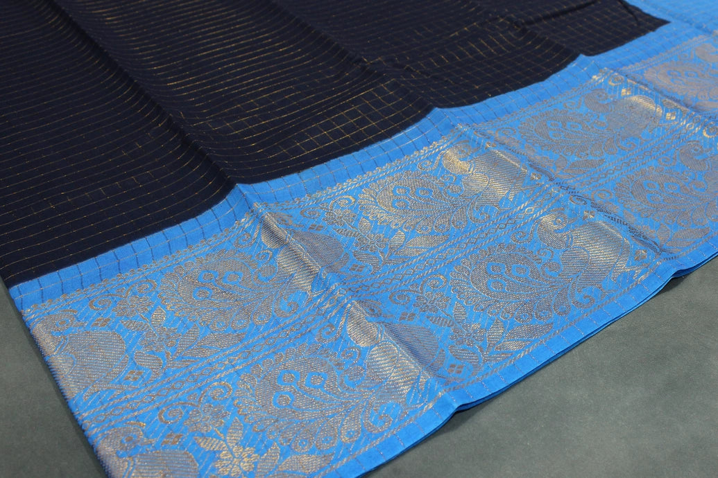 Pure Sungudi Cotton Navy Blue Checked Saree with Contrasting Blue Pallu & Peacock Gold Zari Double Border Saree JCS Fashions