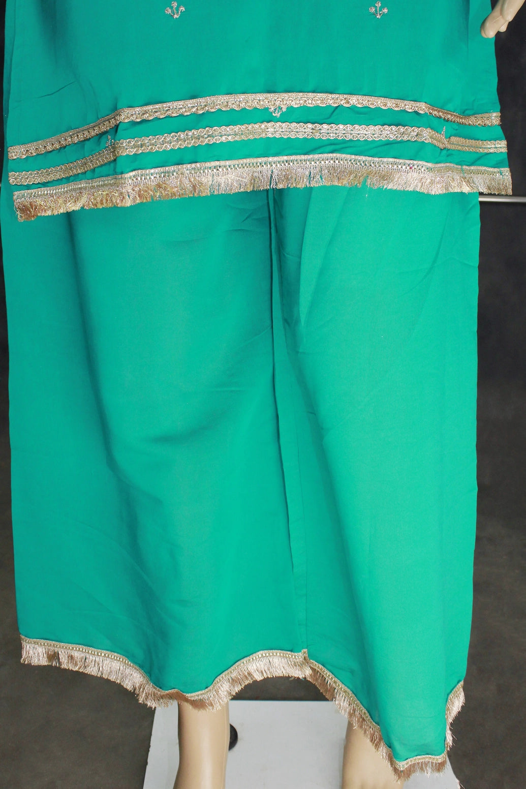 Rama Green Roman Silk Kurti with Palazzo & Banarasi Dupatta, Beaded Embroidery 3-Piece Set