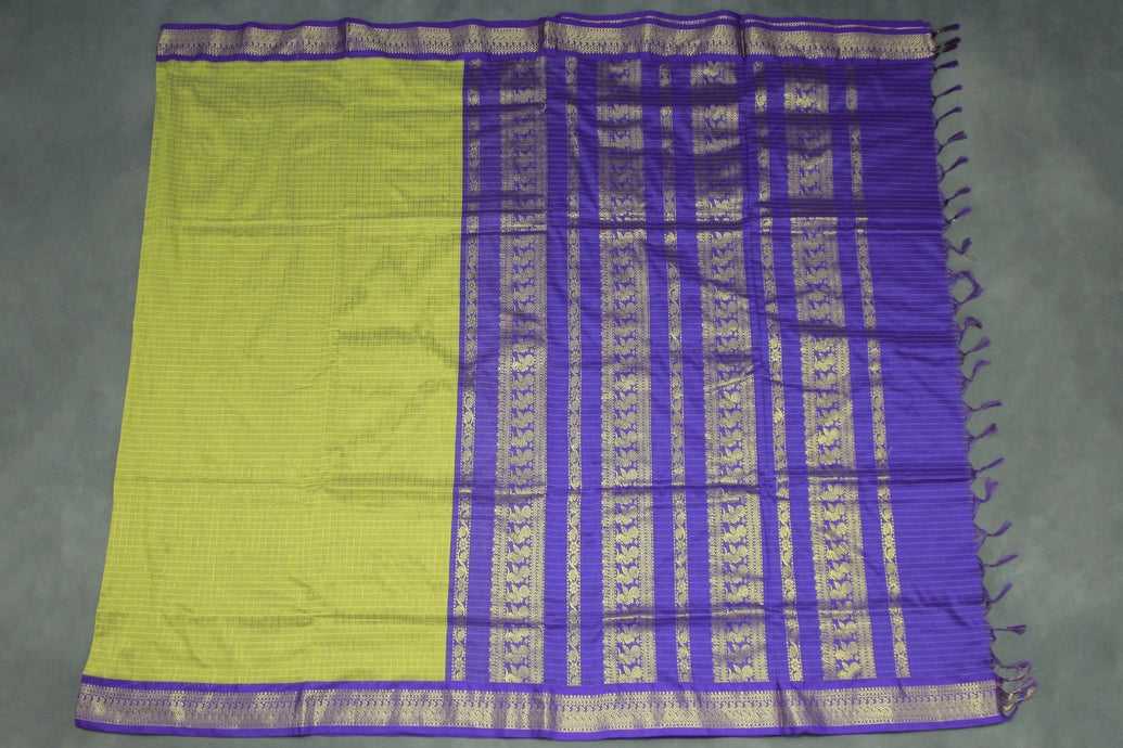 Kalyani Cotton Saree Olive Green with Zari Checked & Zari Peacock Border and Blouse Piece