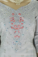 Gray Roman Silk 3-Piece Kurta Set with Organza Embroidered Top, Elastic Pants & Border Dupatta