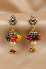 Traditional Jhumka Earrings with Dome Design, White Stone Top, Beaded Chandbaazi & Pearl Drop for Festive Wear