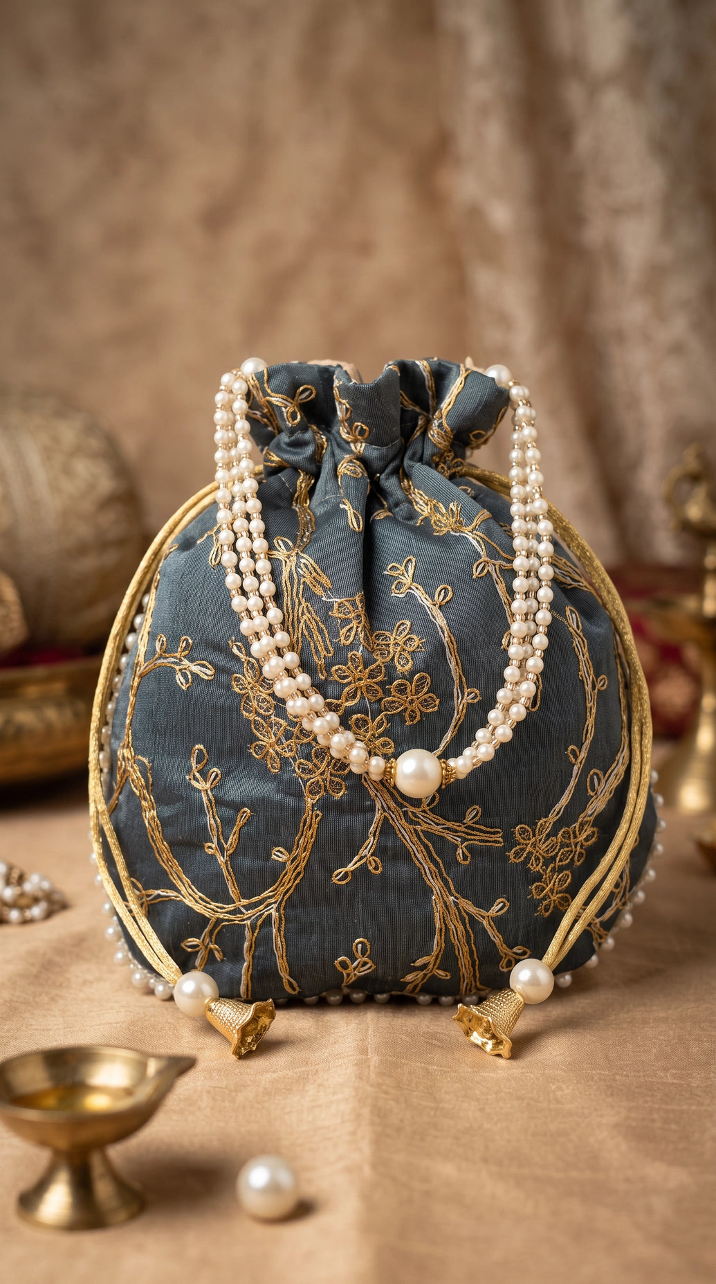 Grey Embroidered Potli Bag with Pearl Bead Trim and Gold Floral Work, Drawstring Wedding & Return Gift Pouch
