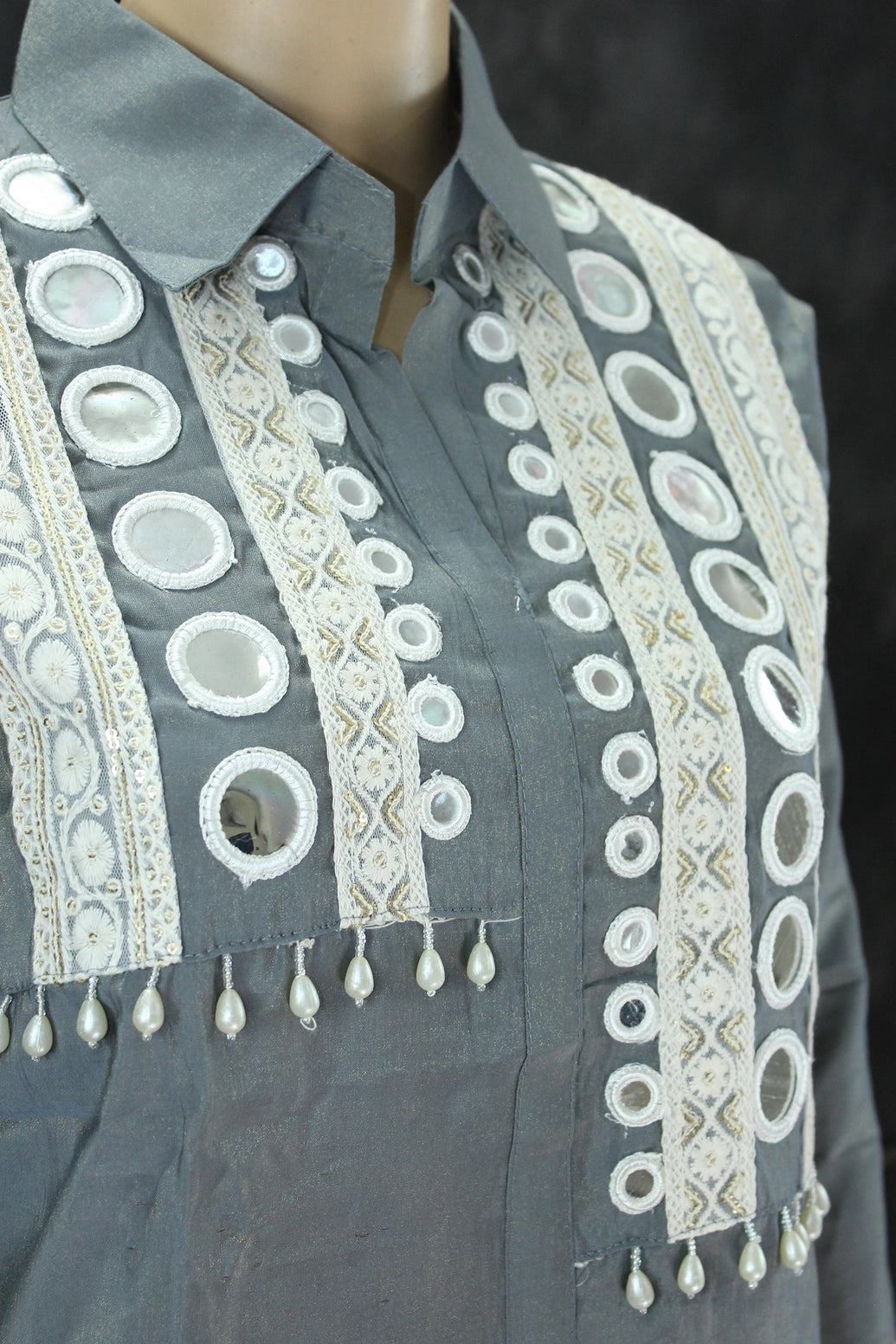 Grey Cotton-Rayon Pakistani Collar Kurti Two-Piece Set with Mirror Work and White Lace Border — Top with Elastic Pants Kurti JCS Fashions