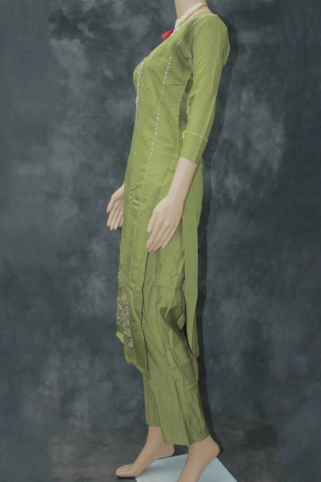 Olive Green Roman Silk 3-Piece Kurti Set with Beads & Aari Work and Digital Jacquard Dupatta