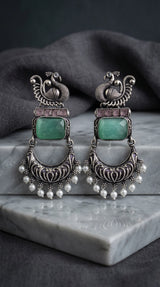 Mint Green Peacock Motif Antique Style Drop Earrings with Crystals and Pearl Drops for Women