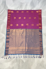 Magenta Soft Silk Saree with Contrast Border and Gold Zari Buttas, Traditional Floral Zari Border and Blouse
