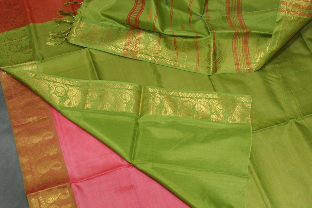 Vaazhai Naar (Banana Pith) Saree with Zari Border and Full-Body Buttas - Pink