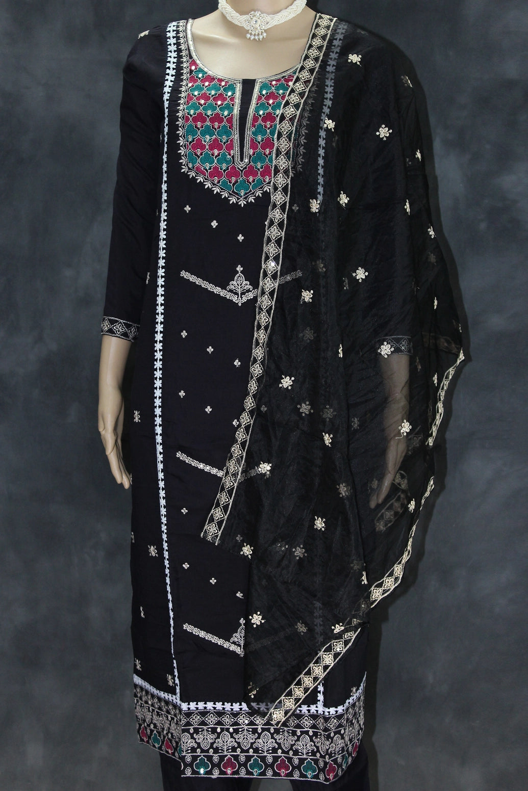 Black Embroidered Roman Silk 3-Piece Kurti Set with Organza Dupatta and Elasticated Pants Kurti JCS Fashions