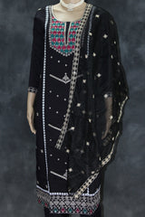 Black Embroidered Roman Silk 3-Piece Kurti Set with Organza Dupatta and Elasticated Pants Kurti JCS Fashions