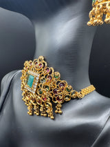 Gold-Tone Pink & Green Choker Necklace Set with Multicolor Stones, Crystal Accents and Matching Jumka Earrings Jewelry JCS Fashions