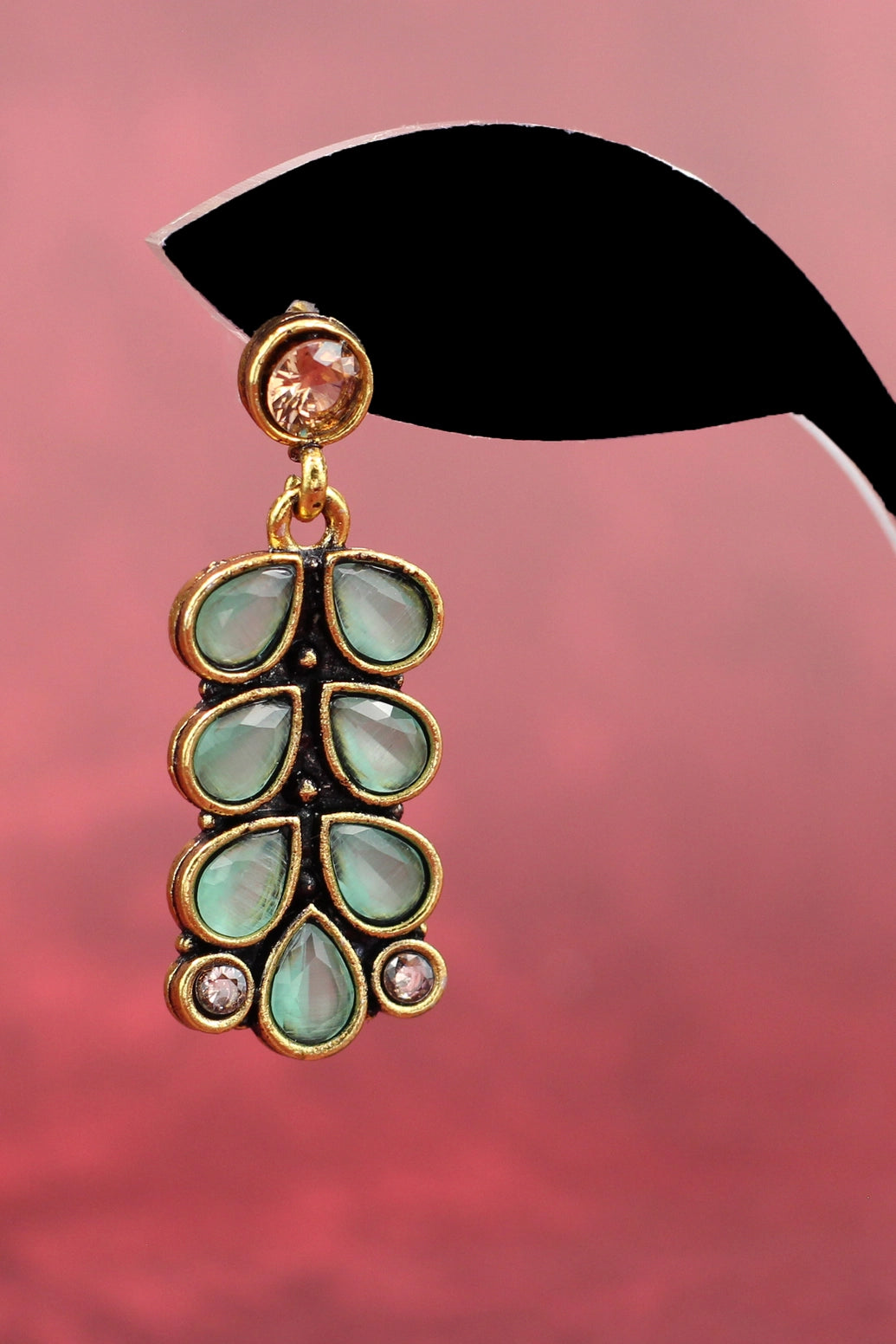 Mint Green Teardrop Leaf Gold-Tone Dangle Earrings — Traditional Ethnic Fashion Jewellery Jewelry JCS Fashions