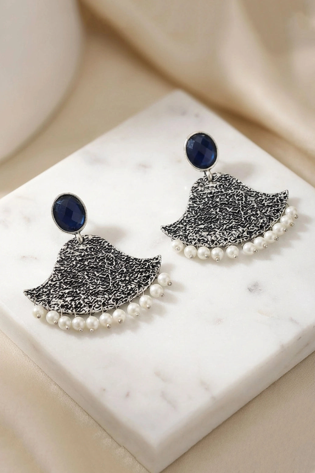 Dark Blue Stone Textured Triangle Chandbali Style Silver-Tone Fashion Earrings for Festive Party Wear