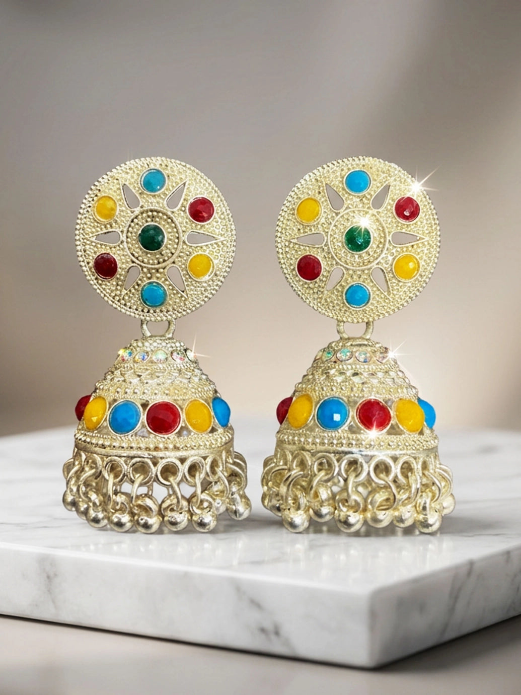 Silver Oxidized Multi-Color Jhumka Earrings with Round Stud Top and Beaded Danglers