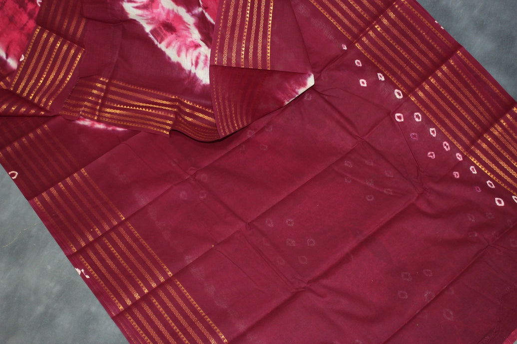 Pure Sungudi Cotton Bandhani Saree - Purple with Golden Zari Border, Unstitched Blouse Included
