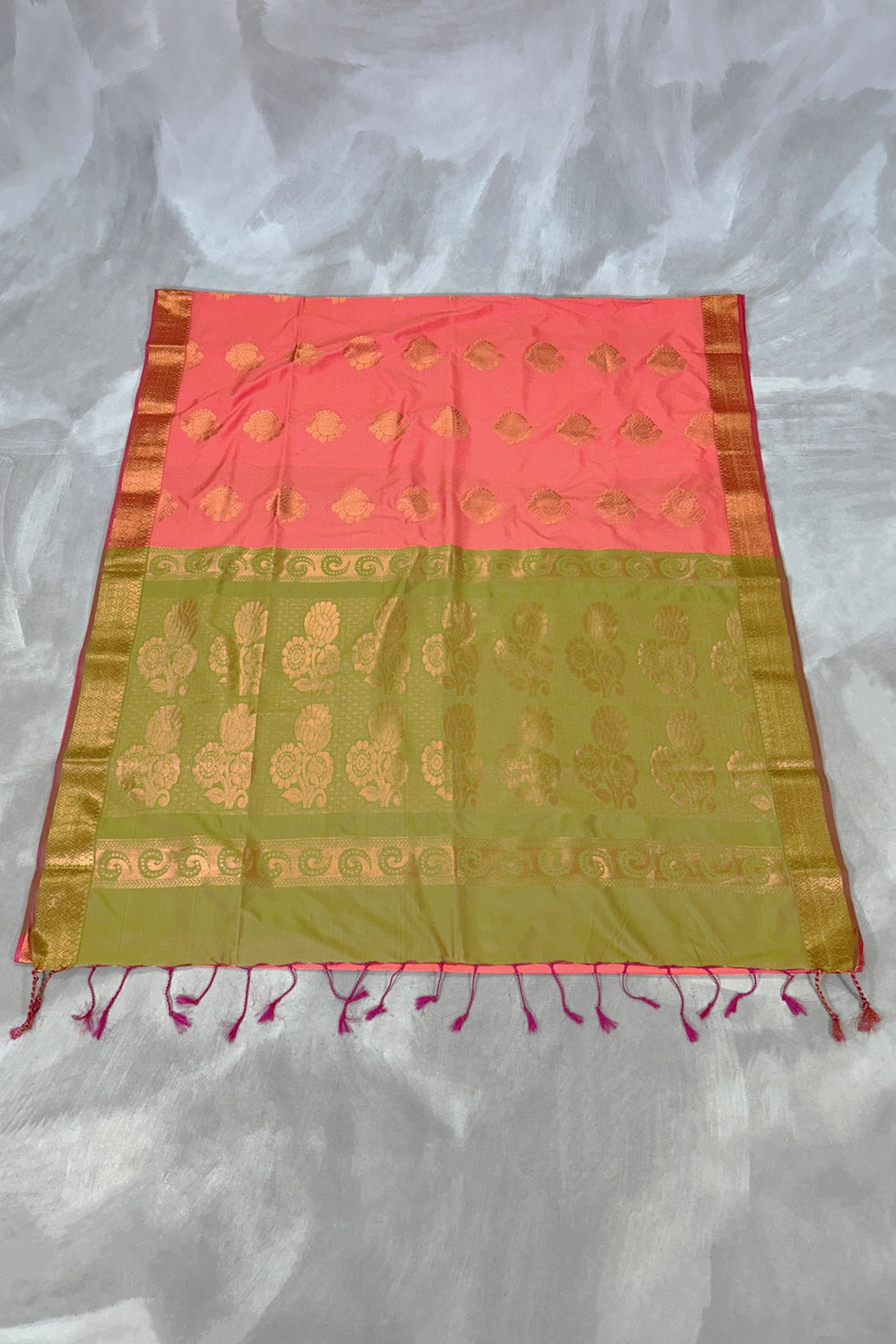 Coral Soft Silk Saree with Delicate Gold Zari Buttas and Floral Border, Saree for Women