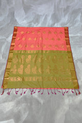 Coral Soft Silk Saree with Delicate Gold Zari Buttas and Floral Border, Saree for Women