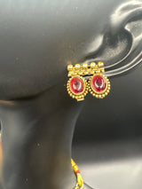 Traditional Gold-Tone Necklace Set with Oval Green or Pink Imitation Stones and Matching Earrings for Ethnic Wear Jewelry JCS Fashions