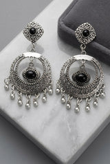 Oxidized Silver-Tone Black Stone Statement Earrings with Floral Stud and Beaded Jhumka Drops for Women