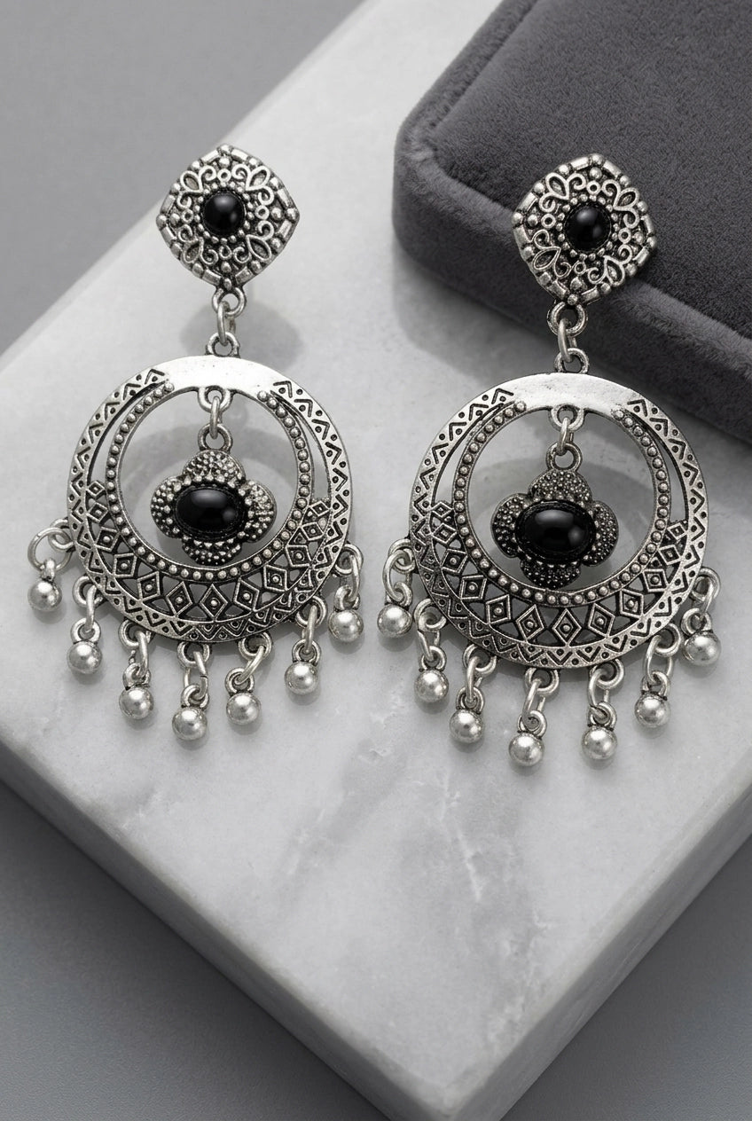 Oxidized Silver-Tone Black Stone Statement Earrings with Floral Stud and Beaded Jhumka Drops for Women