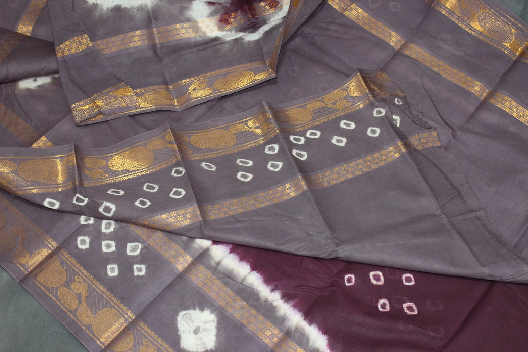 Purple Pure Sungudi Cotton Saree with Bandhani Tie-Dye and Golden Zari Traditional Motif Border Saree JCS Fashions