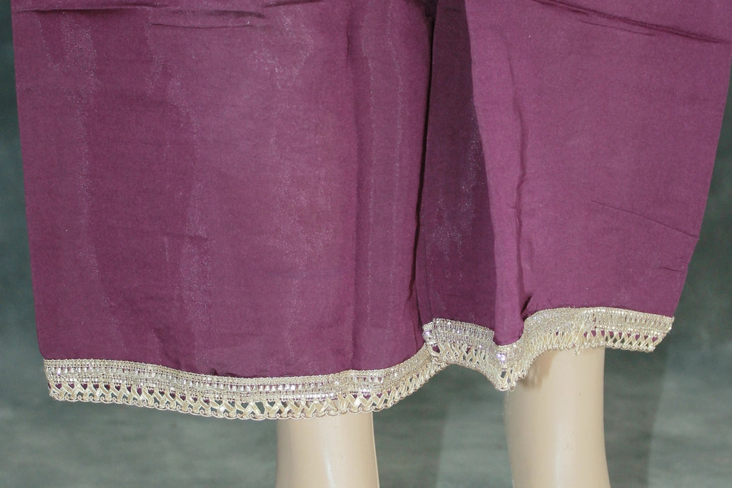 Dark Purple Roman Silk 3-Piece Kurti Set with Embroidered Top, Elastic Palazzo & Banarasi Dupatta