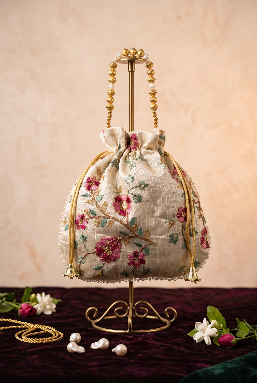 Cream Floral Embroidered Ethnic Potli Pouch with Pearl Bead Trim and Drawstring for Wedding & Festive Gifting