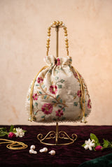 Cream Floral Embroidered Ethnic Potli Pouch with Pearl Bead Trim and Drawstring for Wedding & Festive Gifting