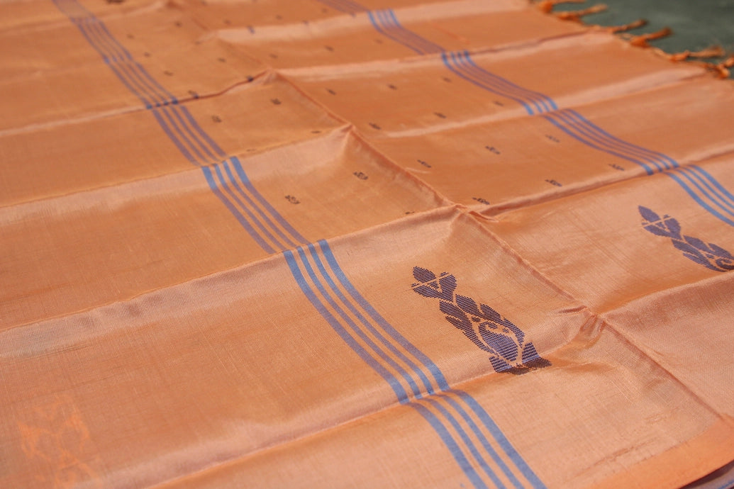 Peach Orange Vaazhai Naar (Banana Pith) Saree with Blue Stripe Pallu and Small Buttas