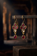 Maroon Stone Drop Hook Earrings, Gold-Tone Teardrop Dangle for Festive Wear
