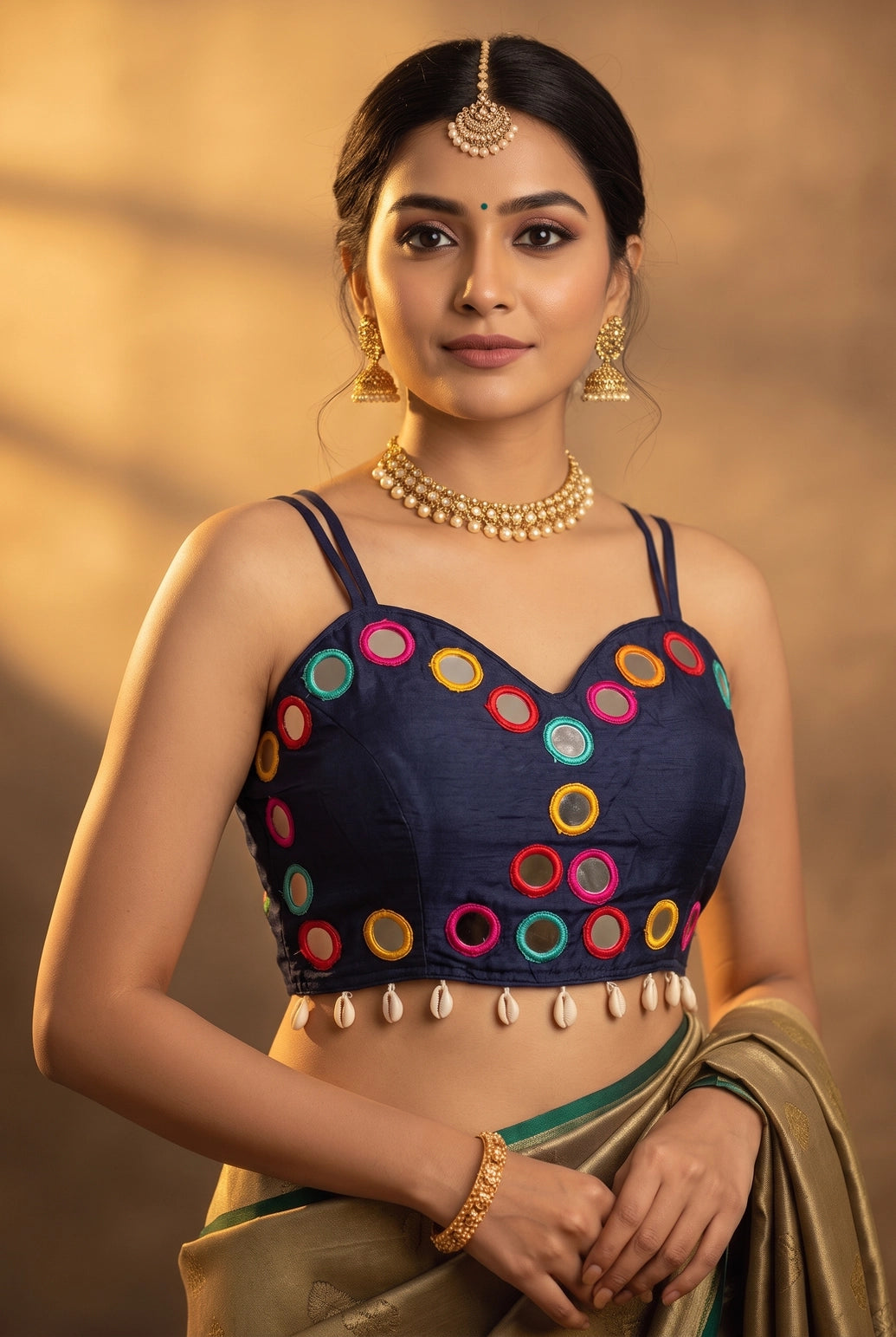 Navratri Mirror-Work Cowrie-Border Sleeveless Sweetheart Neck Blouse for Women in Embellished Finish