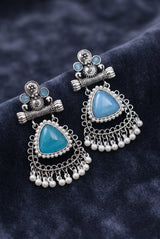 Sea Blue Teardrop Stone Oxidized Silver-Tone Pearl Drop Earrings for Traditional Festive Wear