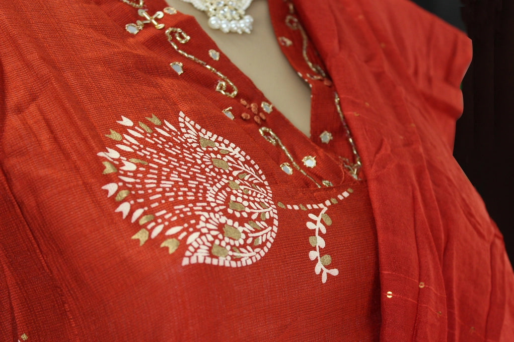 Orange Embroidered Cotton 3-Piece Kurti Set with Elasticated Pant & Chiffon Dupatta Kurti JCS Fashions