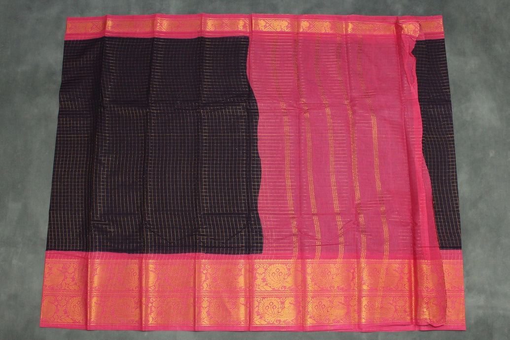 Dark Purple Sungudi Cotton Saree with Checked Zari Body and Pink Peacock Zari Double Border