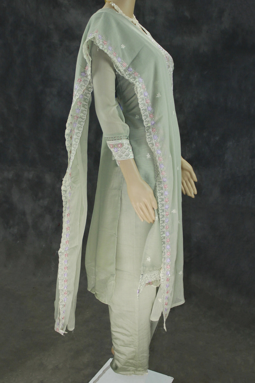 Pastel Green 3-Piece Chiffon Kurti Set with Stone Work, Elastic Pant & Embroidered Dupatta for Women